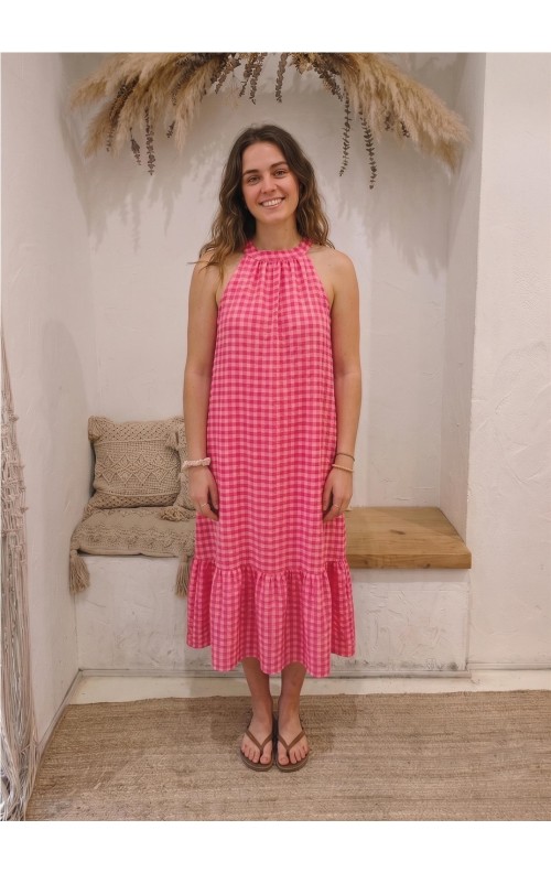 VESTIDO VICHY HALTER FUXIA